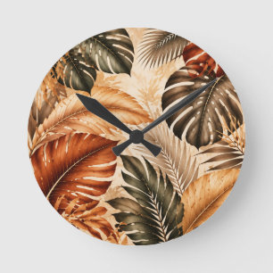 Autumn Tropical Monstera Botanical Pattern Round Clock