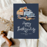 autumn truck navy blue happy thanksgiving holiday card<br><div class="desc">Express your gratitude this holiday season with our beautiful Thanksgiving greeting card. Featuring a warm and heartfelt message, this card is the perfect way to let your loved ones know how much you appreciate them. With a floral watercolor beautiful pumpkin design. Let them know that they are always in your...</div>