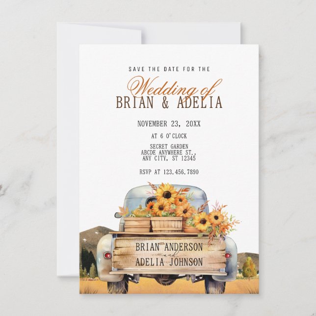Autumn truck with sunflowers  save the date (Front)