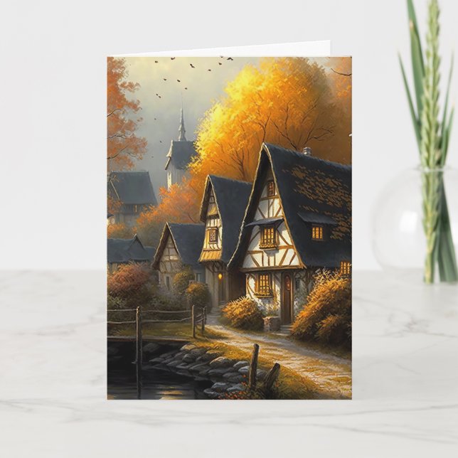 Autumn Tudor Home Waterside Path Hello Folded Card (Front)