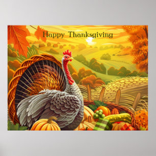 Autumn Turkey Pumpkins Thanksgiving Poster