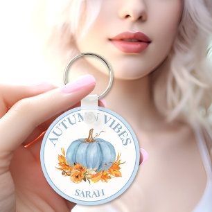 Autumn Vibes Blue Pumpkin Fall Custom Name Key Ring