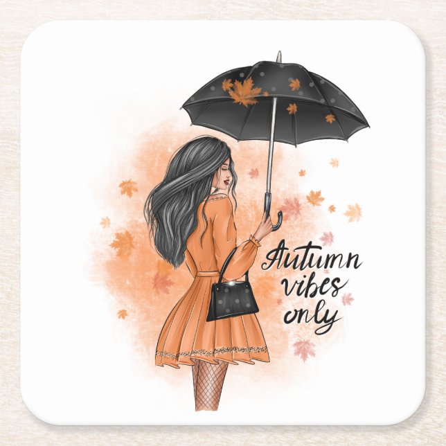 Autumn Vibes Only Fall Fashion Girl Square Paper Coaster (Front)
