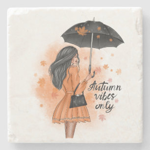 Autumn Vibes Only Fall Fashion Girl Square Stone Coaster