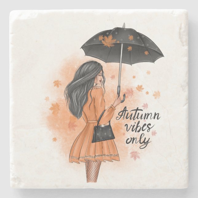 Autumn Vibes Only Fall Fashion Girl Square Stone Coaster (Front)