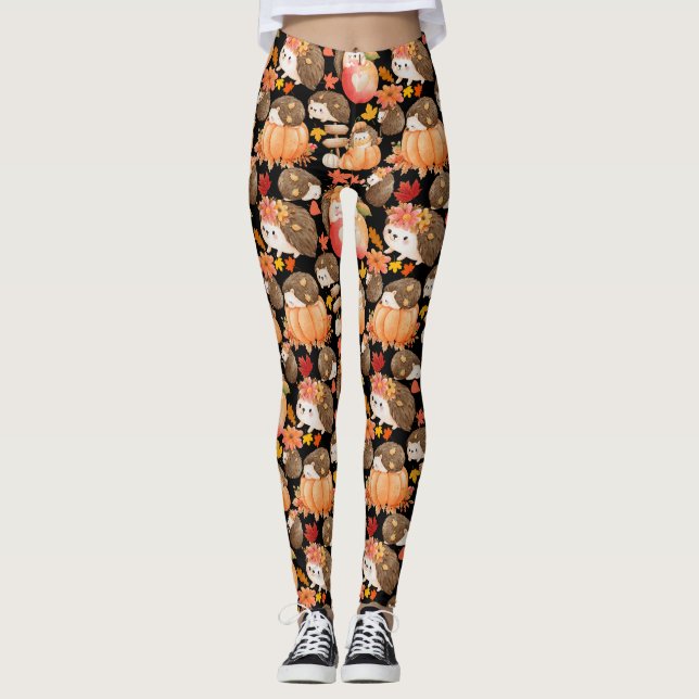 Autumn vibes Pattern Porcupine Black BG Leggings (Front)