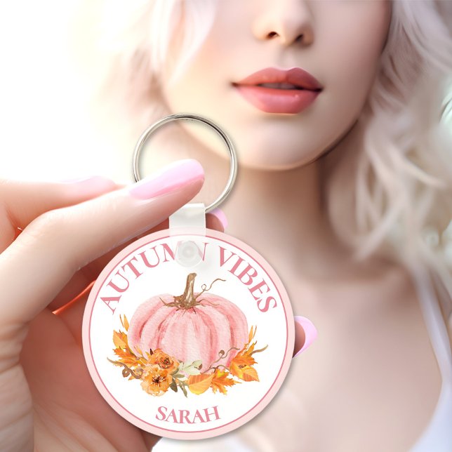 Autumn Vibes Pink Pumpkin Fall Custom Name Key Ring (Autumn Vibes Pink Pumpkin Fall Custom Name Keychain)