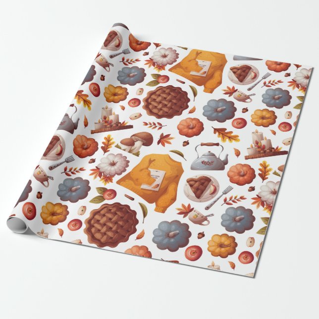 Autumn Vibes - Pumpkins, Apple Pie, Mushrooms Wrapping Paper (Unrolled)