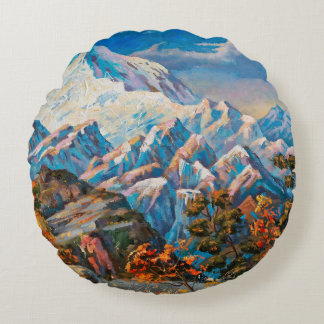 Autumn view of the two-headed mountain Elbrus. Mou Round Cushion
