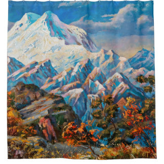 Autumn view of the two-headed mountain Elbrus. Mou Shower Curtain
