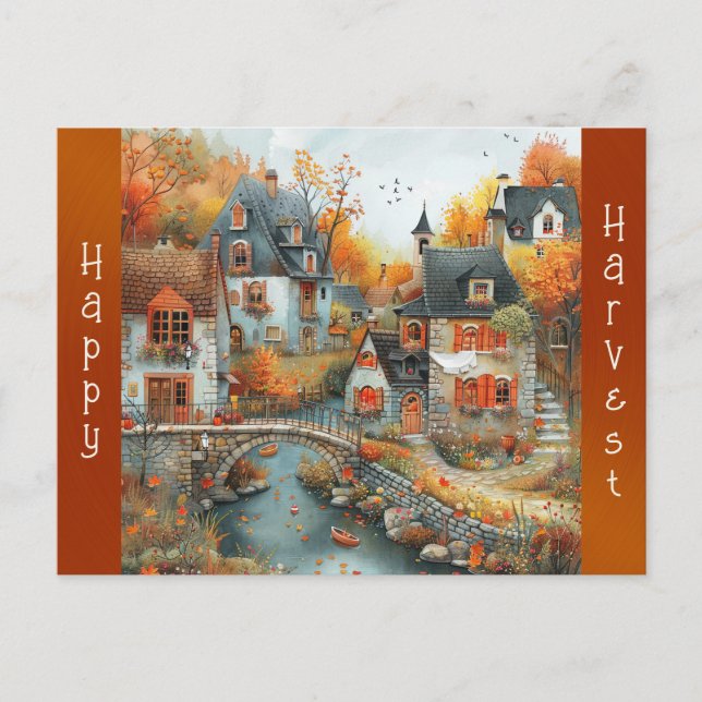Autumn Village Bridge Illustration Holiday Postcard (Front)