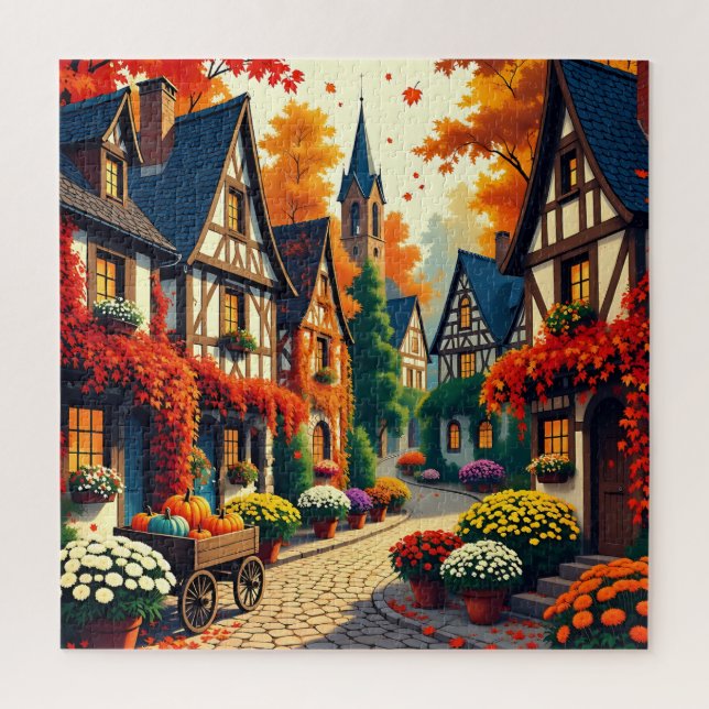 Autumn Village & Flower Cart Jigsaw Puzzle (Vertical)