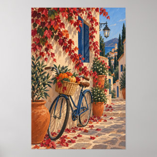 Autumn Village Street with Bicycle and Pumpkins Poster