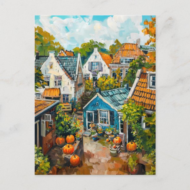 Autumn Village with Pumpkins and Cottages Painting Postcard (Front)