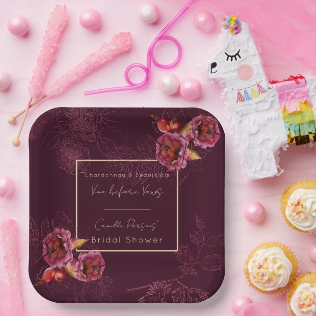 Autumn Vino Before Vows Rosegold Floral Lines Paper Plate (Party)