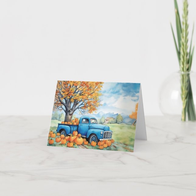 Autumn Vintage Pickup and Pumpkins Blank Note Card (Front)