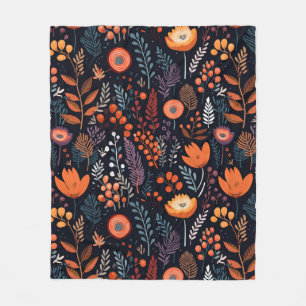 Autumn Warm Orange Flowers Leaves Berries Black Fleece Blanket