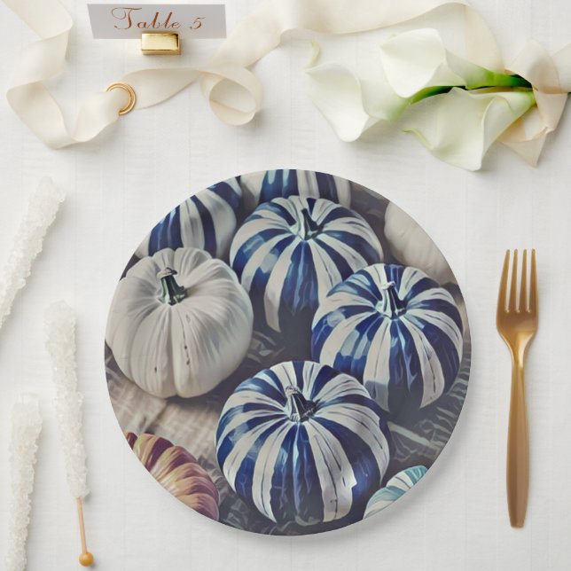 Autumn Watercolor Blue and White Pumpkin Design  Paper Plate (Wedding)