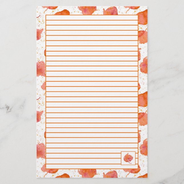 Autumn Watercolor Fall Leaves Orange Lined Stationery (Front)
