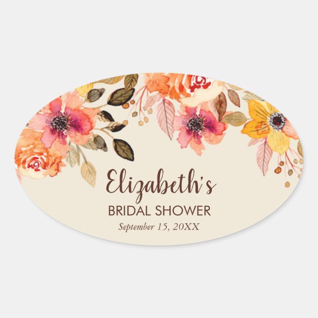 Autumn Watercolor Floral Bridal Shower Oval Sticker (Front)