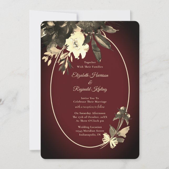 Autumn Watercolor Floral Burgundy Red Wedding Invitation (Front)