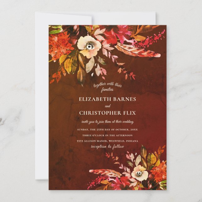 Autumn Watercolor Floral Marbled Brown Wedding Invitation (Front)