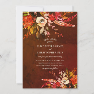 Autumn Watercolor Floral Marbled Brown Wedding Invitation