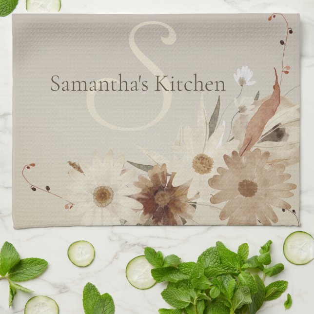 Autumn Watercolor Floral Monogram Personalised Tea Towel (Folded)