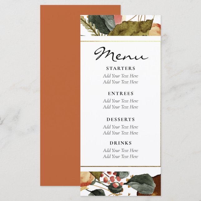 Autumn Watercolor Floral Rustic Wedding  Menu (Front/Back)