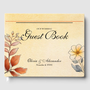 Autumn Watercolor Floral Terracotta Yellow Wedding Guest Book