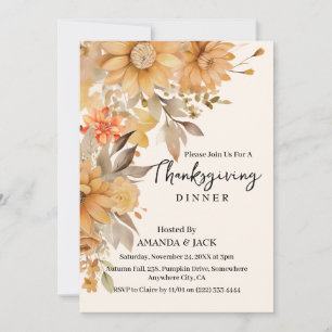 Autumn Watercolor Floral Thanksgiving Dinner Invitation