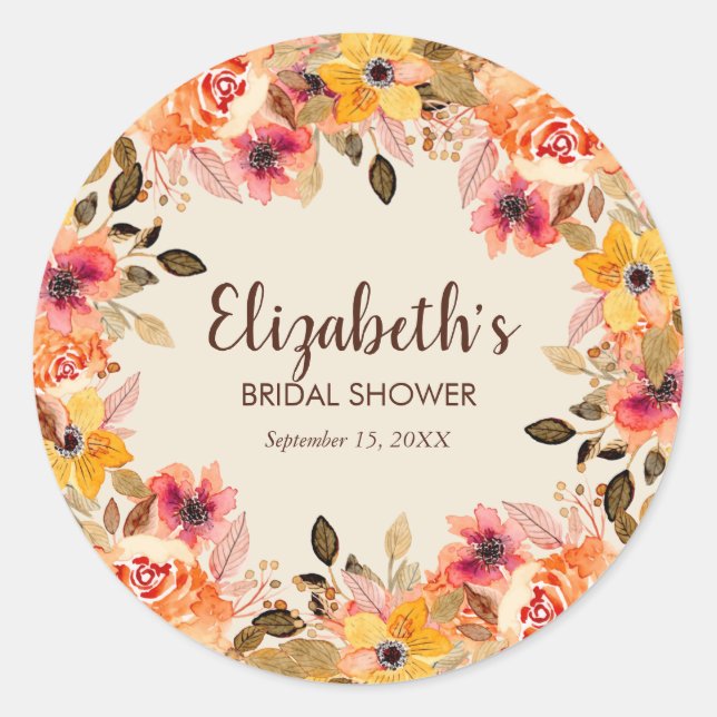 Autumn Watercolor Flowers Bridal Shower Classic Round Sticker (Front)