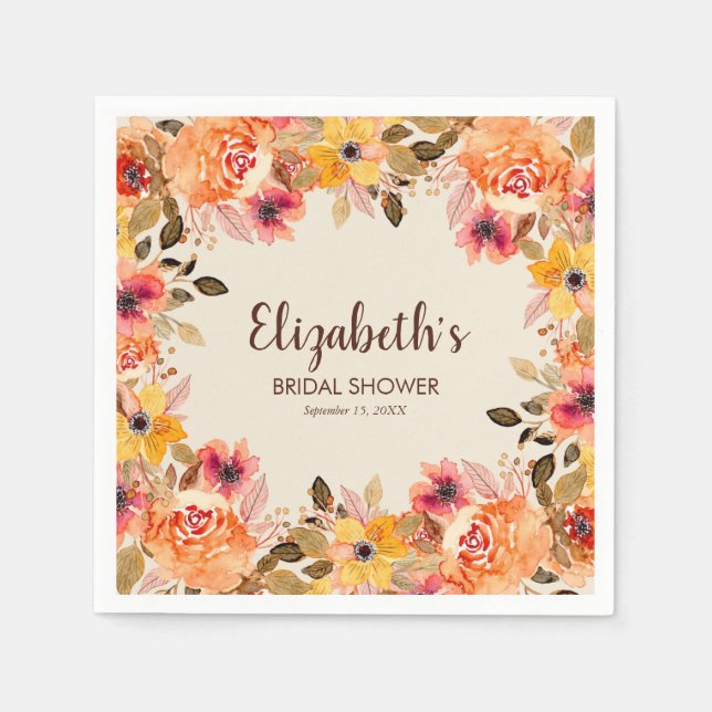 Autumn Watercolor Flowers Bridal Shower Napkin (Front)