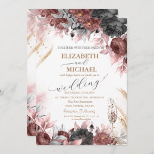 Autumn Watercolor Flowers Champagne Glass Wedding  Invitation