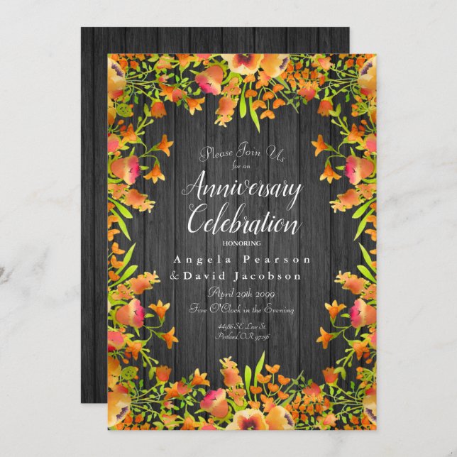Autumn Watercolor Flowers on Rustic Wood  Invitation (Front/Back)