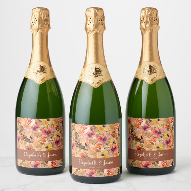 Autumn Watercolor Flowers Wedding Terracotta Sparkling Wine Label (Bottles)