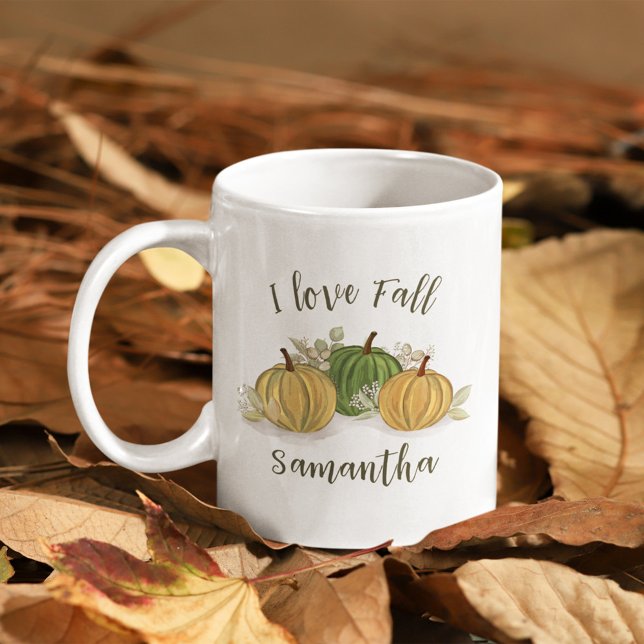 Autumn Watercolor I Love Fall Personalised Coffee Mug (Fall autumn pumpkin gourds personalized throw pillow. )