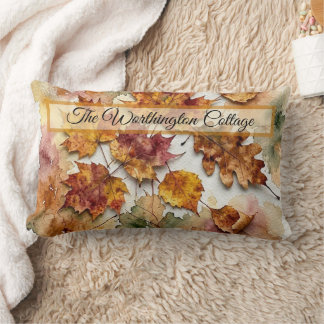 Autumn Watercolor Leaves and Fall Foliage Art Lumbar Cushion