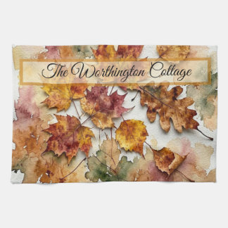 Autumn Watercolor Leaves and Fall Foliage Art Tea Towel