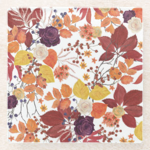 Autumn Watercolor Leaves and Roses Glass Coaster