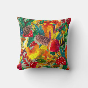 Autumn Watercolor Leaves Mushrooms Pattern Cushion