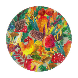 Autumn Watercolor Leaves Mushrooms Pattern Cutting Board
