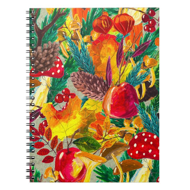 Autumn Watercolor Leaves Mushrooms Pattern Notebook (Front)