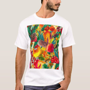 Autumn Watercolor Leaves Mushrooms Pattern T-Shirt