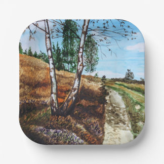 Autumn watercolor painting paper plate