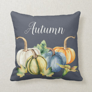 Autumn Watercolor Pumpkin Blue Cushion