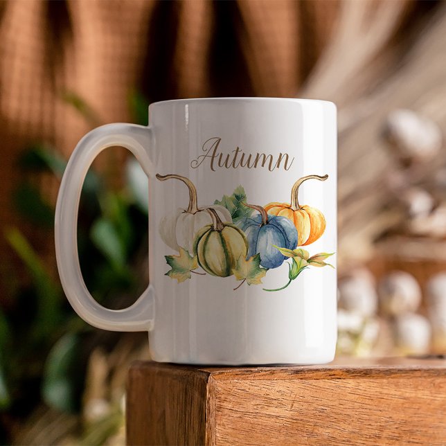 Autumn Watercolor Pumpkins Coffee Mug (Beautiful watercolor pumpkins in shades of blue, green, orange, and white are featured on this mug)
