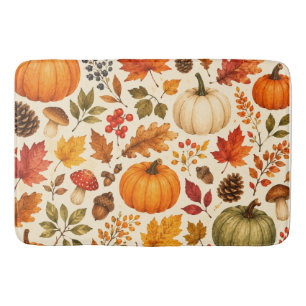 Autumn Watercolor Pumpkins, Fall Leaves & Woodland Bath Mat