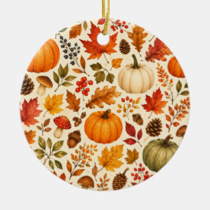 Autumn Watercolor Pumpkins, Fall Leaves & Woodland Ceramic Ornament