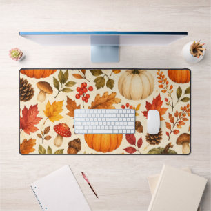 Autumn Watercolor Pumpkins, Fall Leaves & Woodland Desk Mat